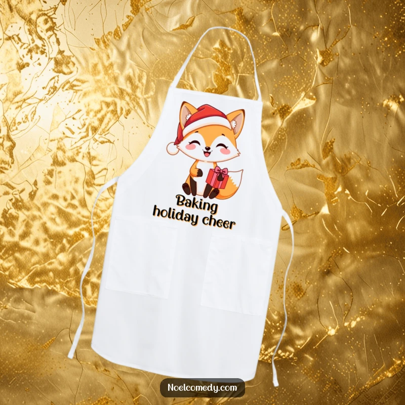 Funny apron design displaying a joyful fox wearing a Santa hat and holding a Christmas present, ideal for holiday baking.