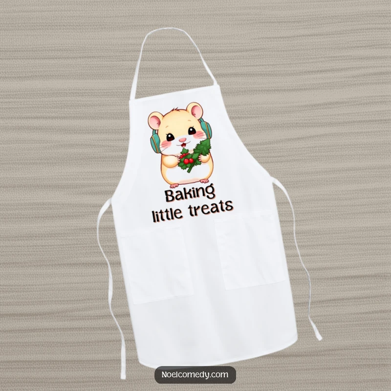 Funny apron with a hamster in earmuffs holding a small decorated evergreen, perfect for holiday baking.