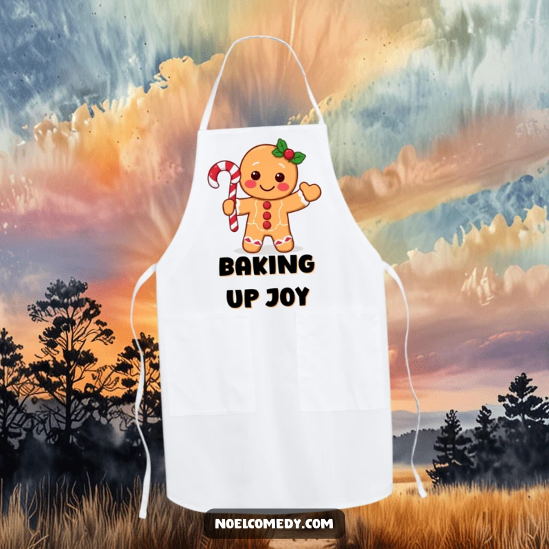 Funny gingerbread man apron showing a happy character waving a candy cane, perfect for adding holiday spirit to cooking.