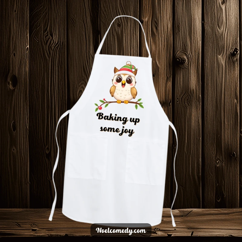 Funny apron with a festive owl in a hat on a decorated branch, ideal for holiday baking.