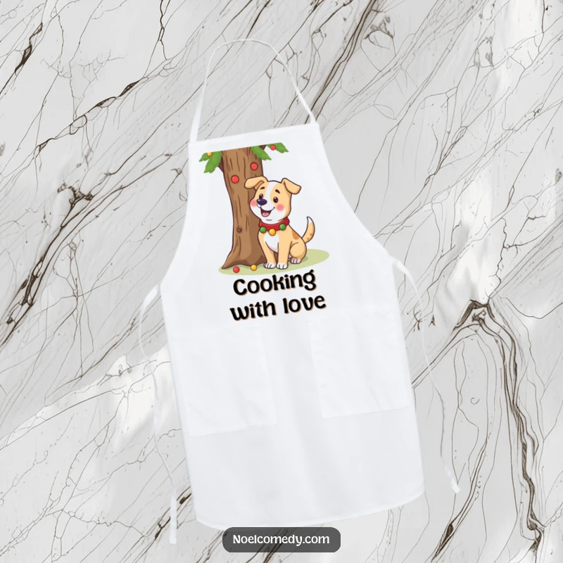 Funny apron with a cheerful dog in a festive collar wagging its tail near a holiday tree.