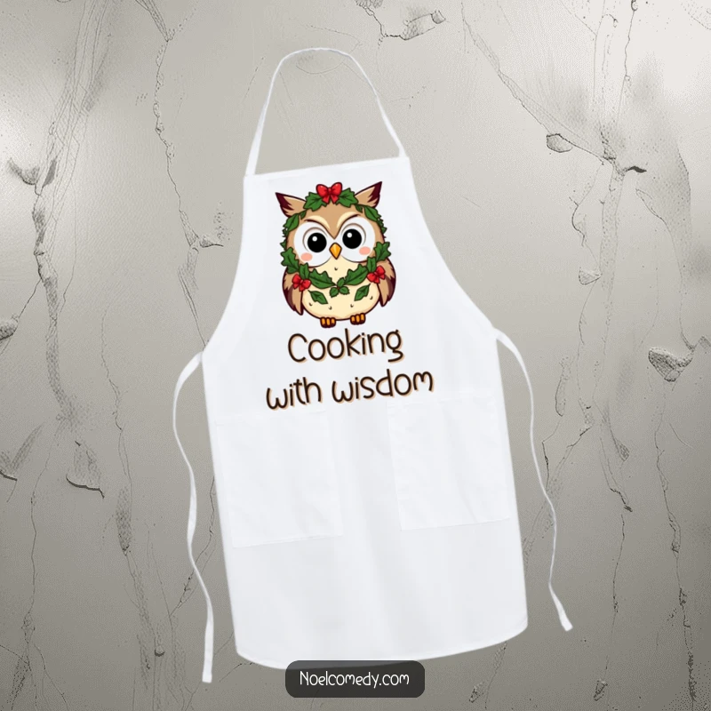 Funny owl apron with a curious character wearing a festive wreath, perfect for adding wise holiday cheer to cooking.