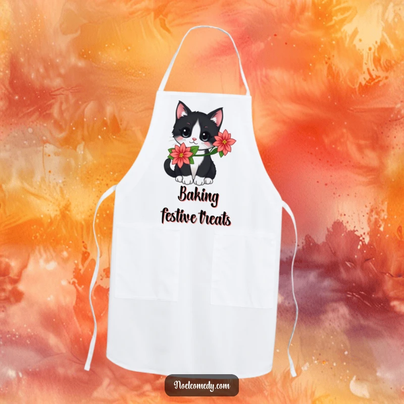 Funny apron depicting a black and white cat wearing a poinsettia, ideal for holiday cooking and spreading cheer.