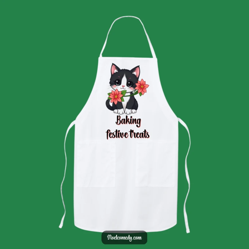 Festive Cat Poinsettia Apron, Holiday Kitchen Gift, Cute Chef Wear