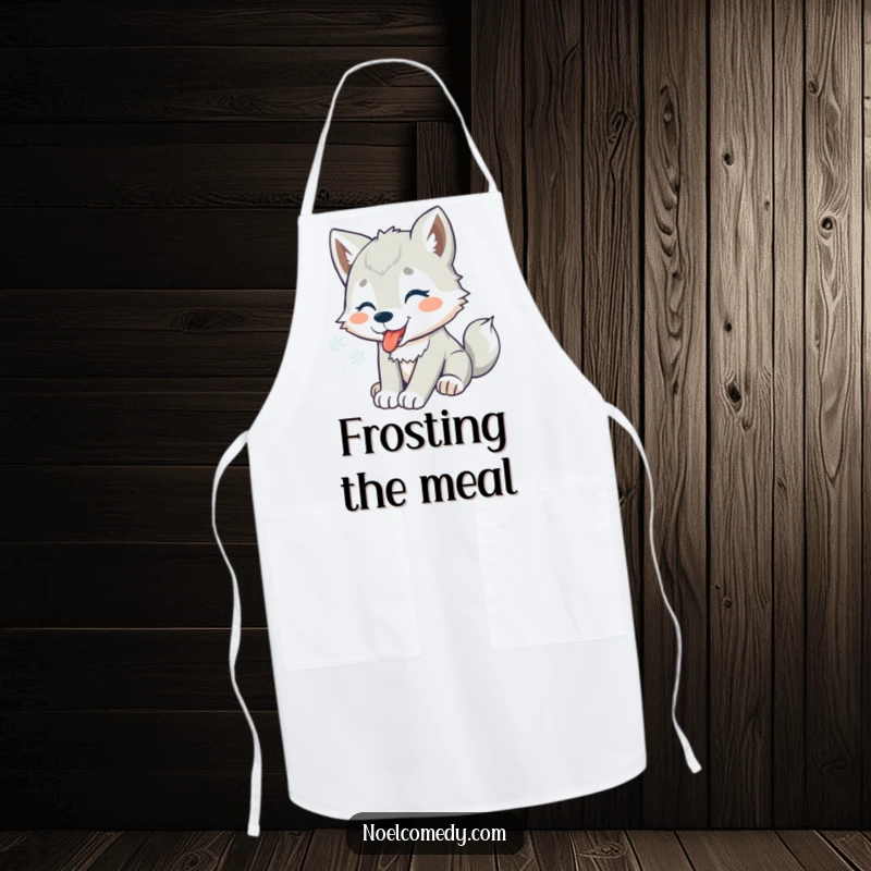Funny apron showing a playful wolf pup catching snowflakes, ideal for festive winter kitchen activities.
