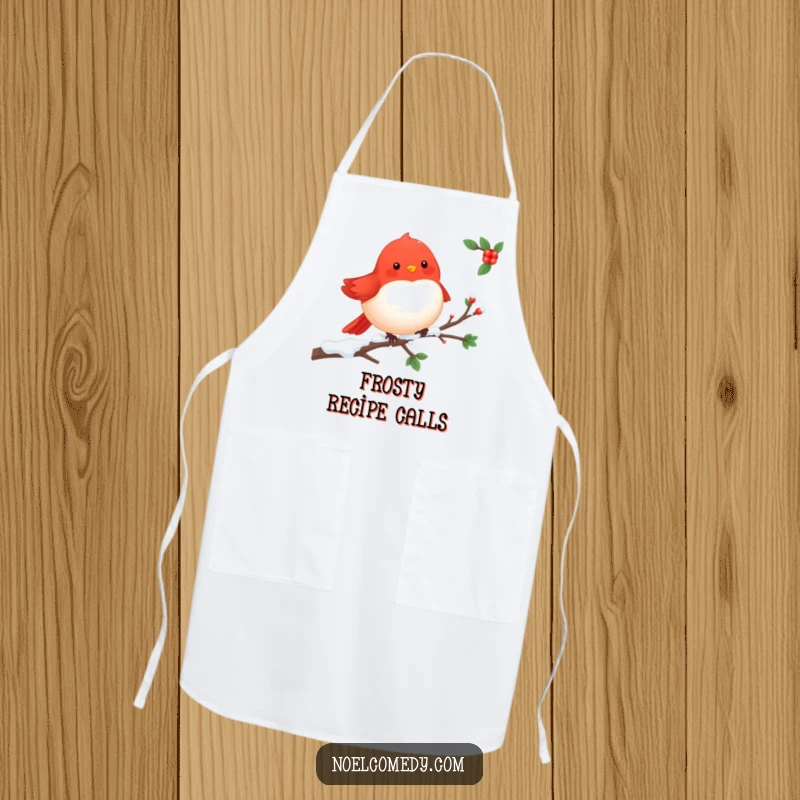 Cheerful Robin Apron: A red robin perched on a snowy branch, adding a festive and cheerful touch to kitchen tasks.