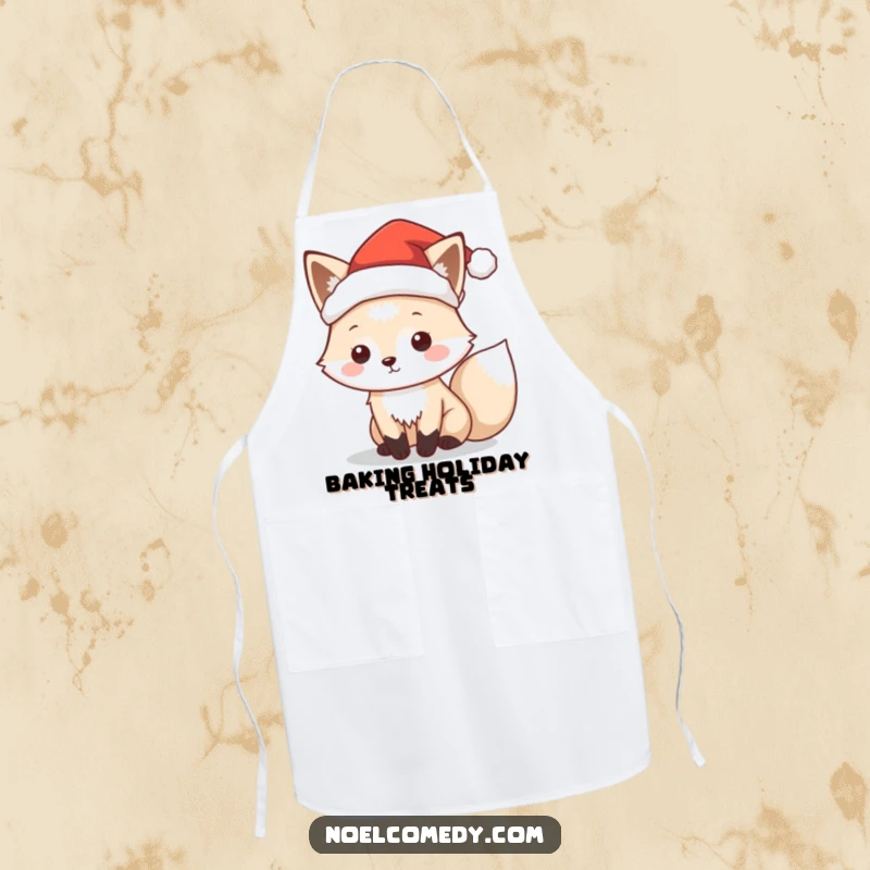 Funny apron featuring a playful arctic fox wearing a tiny Santa hat, perfect for festive cooking and baking.