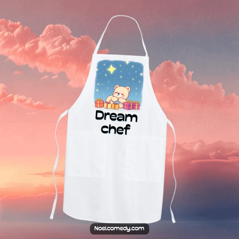 Funny Apron: A bear cub dreams of presents under a starry sky, designed to bring humor and charm to kitchen activities.