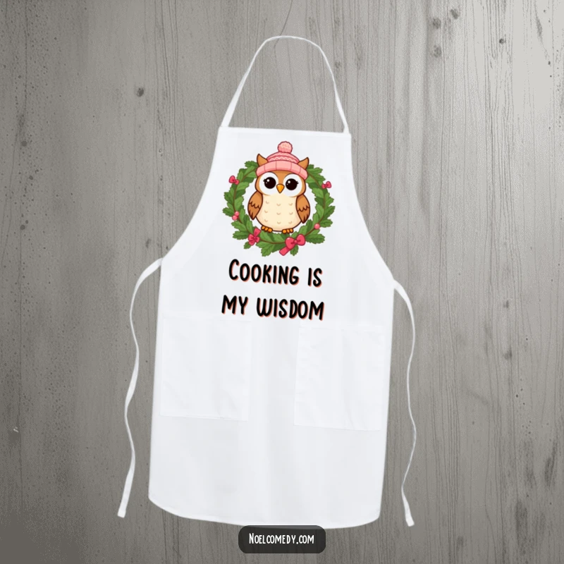 Funny apron featuring a cheerful owl wearing a knitted cap, perched on a festive wreath, ready for kitchen duty.