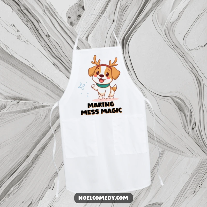 Funny Apron featuring a happy dog in a reindeer headband chasing a snowflake, perfect for holiday baking.