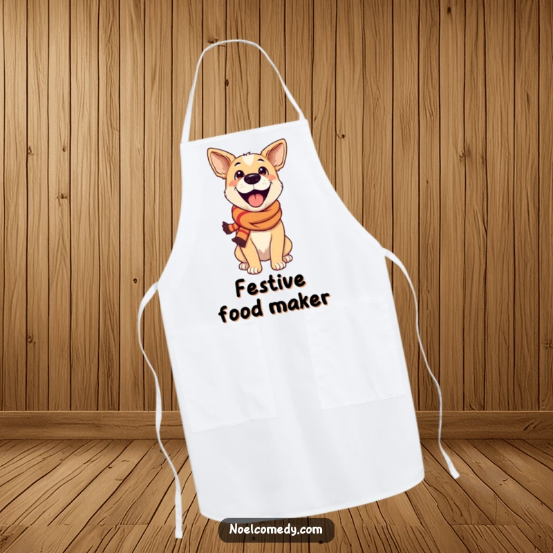 Funny Apron: An excited dog wearing a festive scarf, ready to add festive charm and humor to any cooking task.