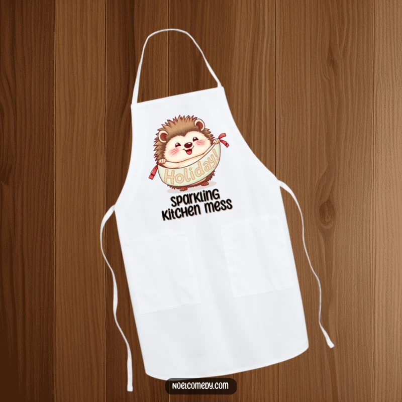 Funny Hedgehog Apron: A delighted hedgehog unrolling a glittery banner, adding humorous festive spirit to your kitchen attire.
