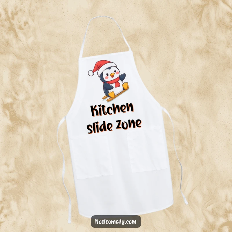 Funny Apron: A penguin in a Santa hat, preparing to slide into a baking spree, adding culinary holiday humor.