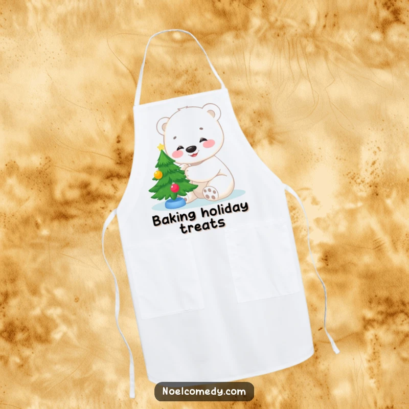 Funny apron design displaying a smiling polar bear cub adorning a small Christmas tree, ideal for holiday baking and kitchen cheer.