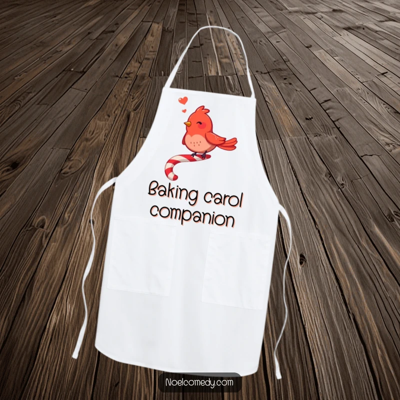 Funny Red Bird Apron: A cheerful red bird sings on a candy cane, making holiday cooking more musical and fun.