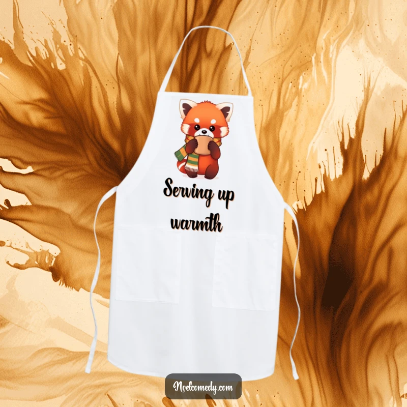Funny Apron: A red panda in a festive scarf holds a warm mug, designed for kitchen fun and humorous cooking experiences.