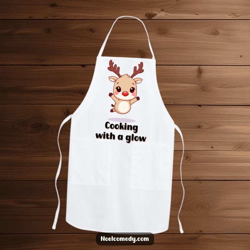 Funny apron featuring a hopping reindeer character with glowing red nostrils, perfect for festive cooking.