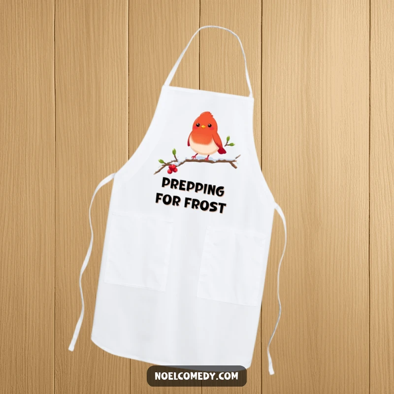 Funny red robin apron featuring a cheerful bird on a snowy branch, perfect for adding winter charm to the kitchen.