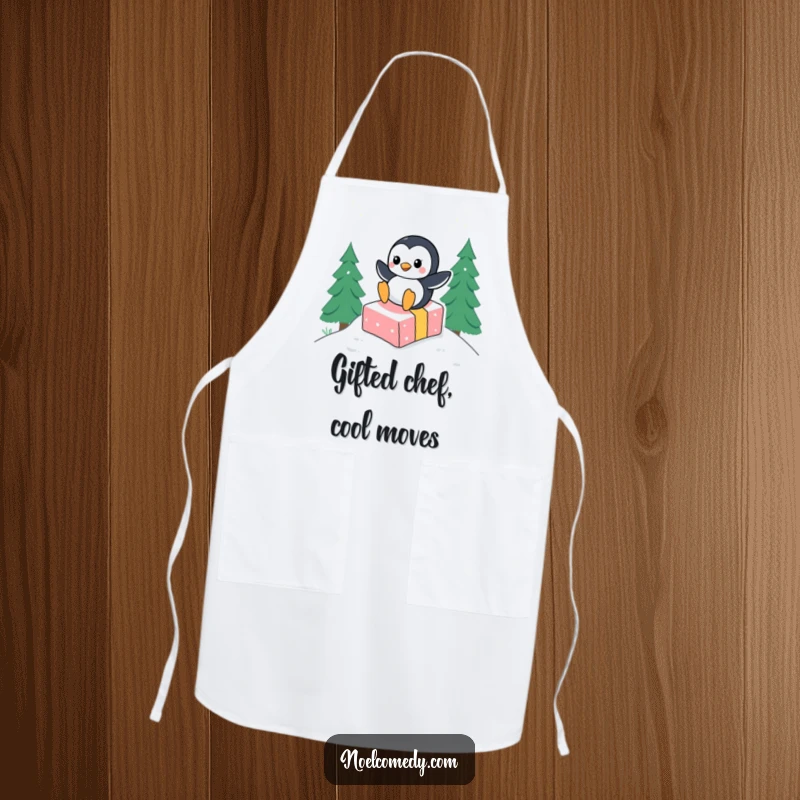 Funny apron with a happy penguin character gleefully sliding down a snowy hill on a gift, bringing winter fun indoors.