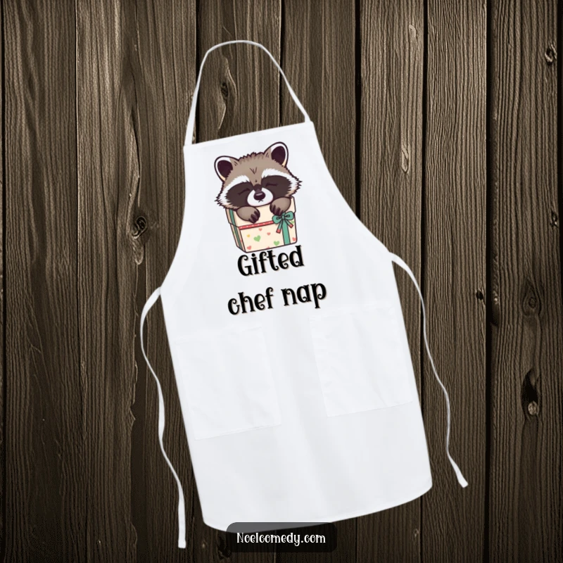 Funny Sleepy Raccoon Apron: A cute raccoon napping in a gift box, adding humorous charm to your cooking attire.
