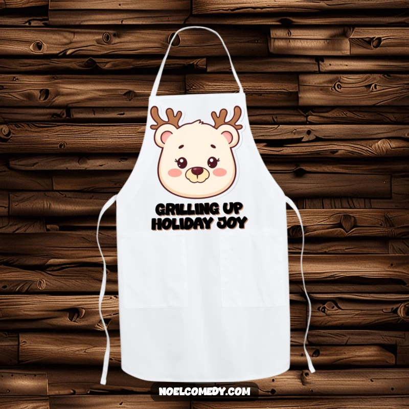 Funny apron depicting a smiling bear wearing a reindeer antler headband, ideal for holiday cooking and spreading cheer.