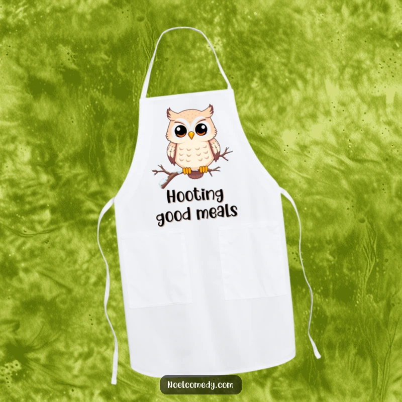 Funny apron featuring a happy, wide-eyed owl on a snowy branch. Ideal for nature-loving cooks.
