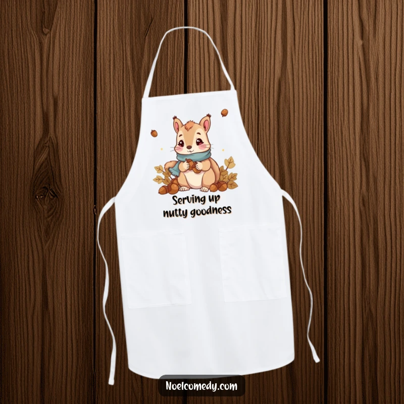 Funny Squirrel Apron: Cute squirrel in a scarf collecting acorns, perfect for kitchen duties with a humorous flair.