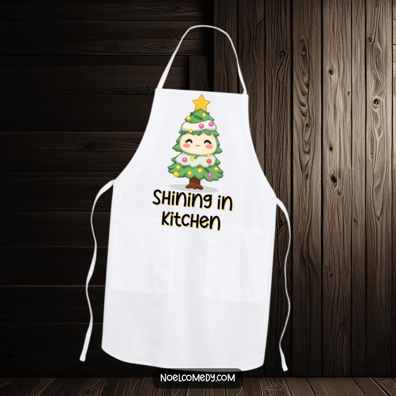 Funny Christmas tree apron with twinkling lights and stars, designed for festive cooking and kitchen celebrations.