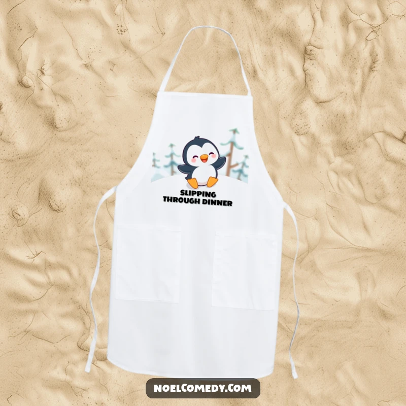 Funny Apron featuring a giggling penguin sliding gleefully down a snowy hill, perfect for winter cooking.