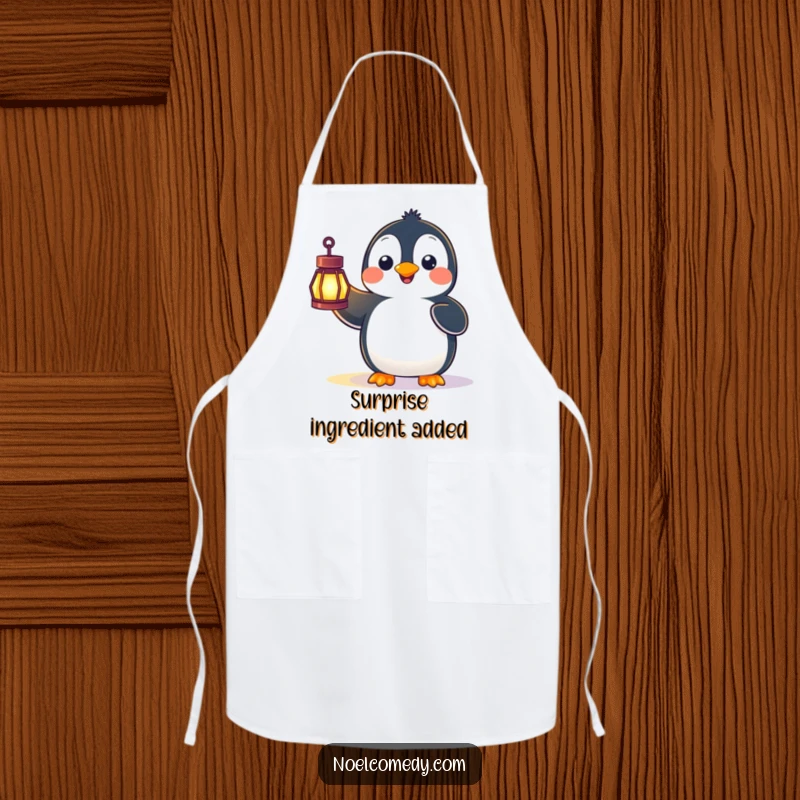 Funny apron design showing a happy penguin looking surprised as it holds a radiant lantern, perfect for kitchen fun.