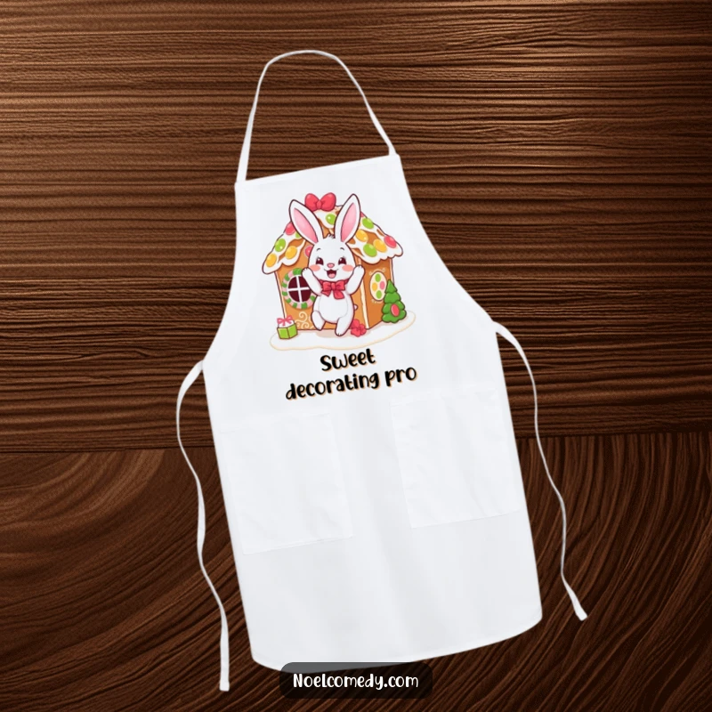 Funny apron showing a bouncing bunny decorating a gingerbread house, ideal for festive kitchen activities.