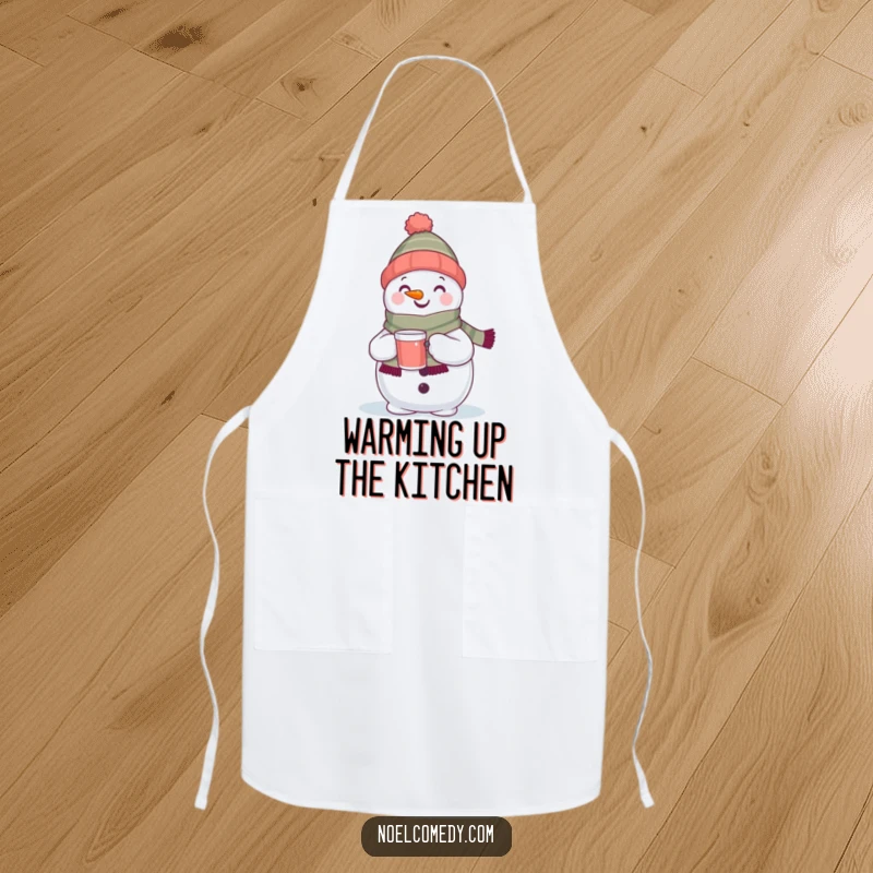 Funny apron featuring a cheerful snowman in a scarf holding a warm beverage. Ideal for holiday cooks.
