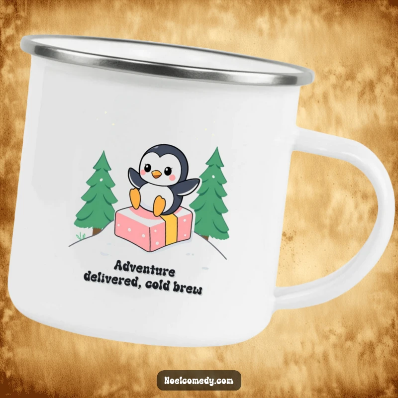 Funny camping mug featuring a joyful penguin character sliding down a snowy hill on a wrapped gift, ready for the trail.