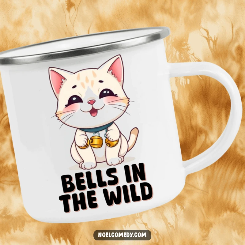 Funny Camping Mug: A giggling cat with tiny jingle bells, perfect for enjoying drinks on the go with playful charm.