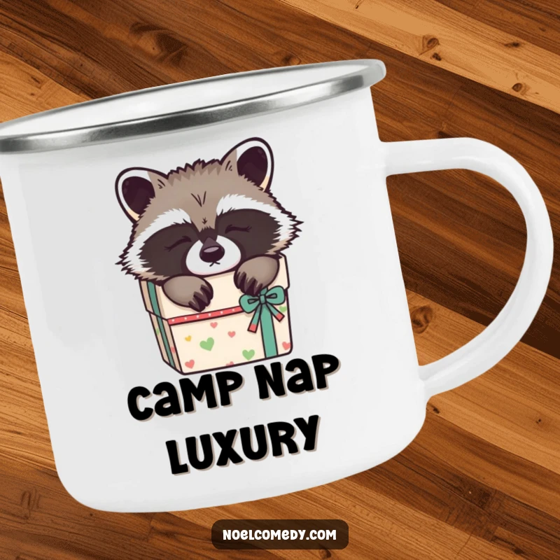 Funny Sleepy Raccoon Camping Mug: A raccoon napping in a gift box, perfect for cozy moments around the campfire.