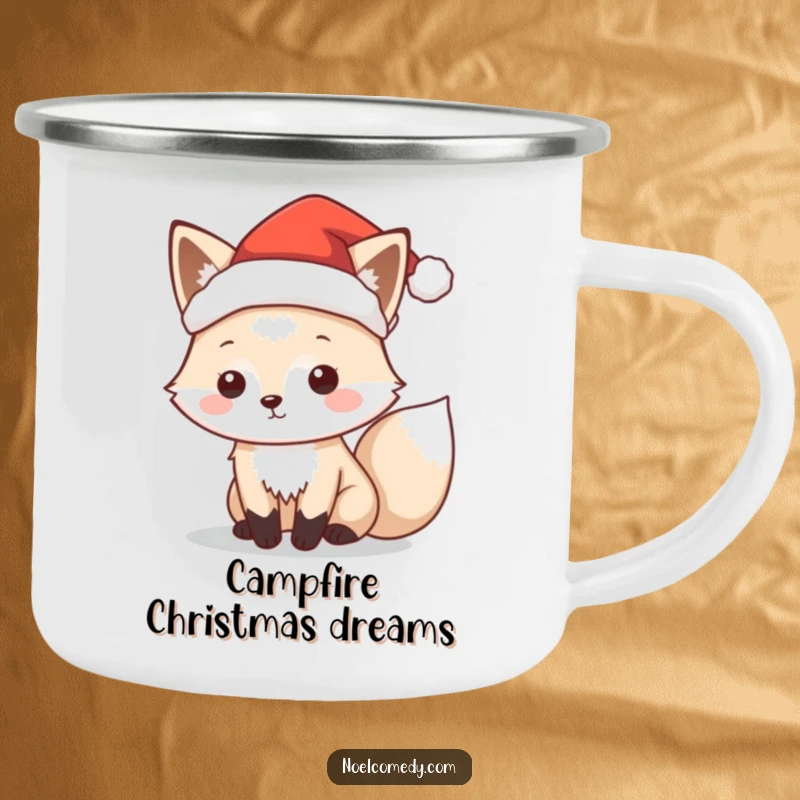 Funny camping mug featuring a playful arctic fox wearing a tiny Santa hat, perfect for festive outdoor use.