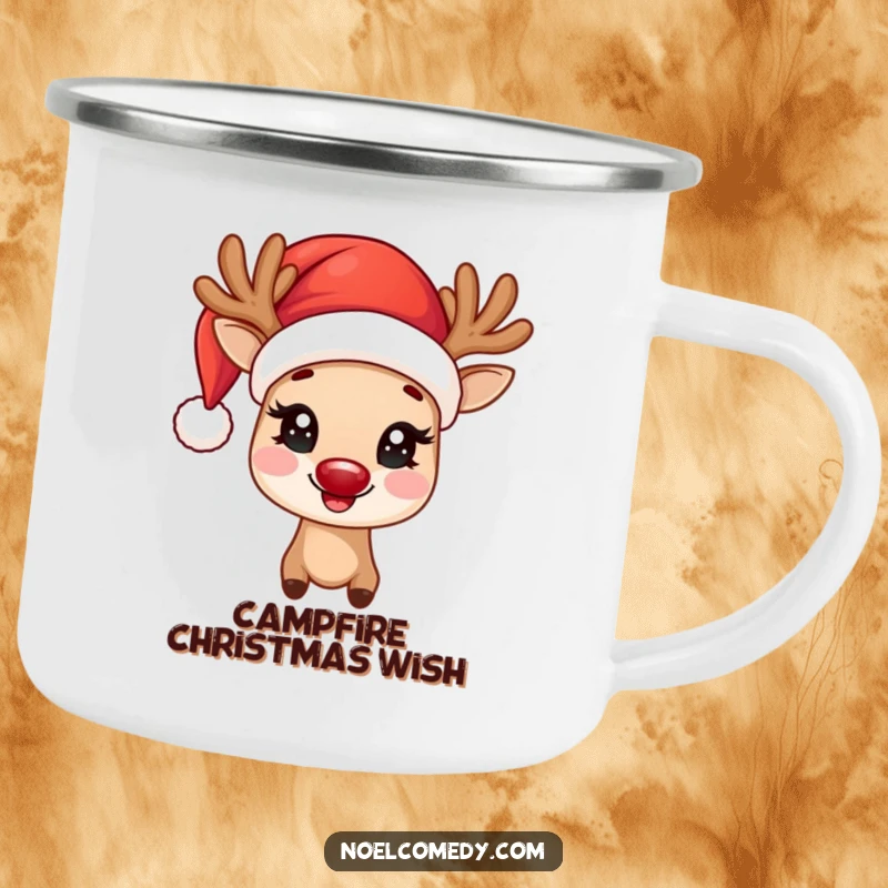 Funny Camping Mug featuring a joyful reindeer wearing a Santa hat with twinkling eyes, great for holiday adventures.