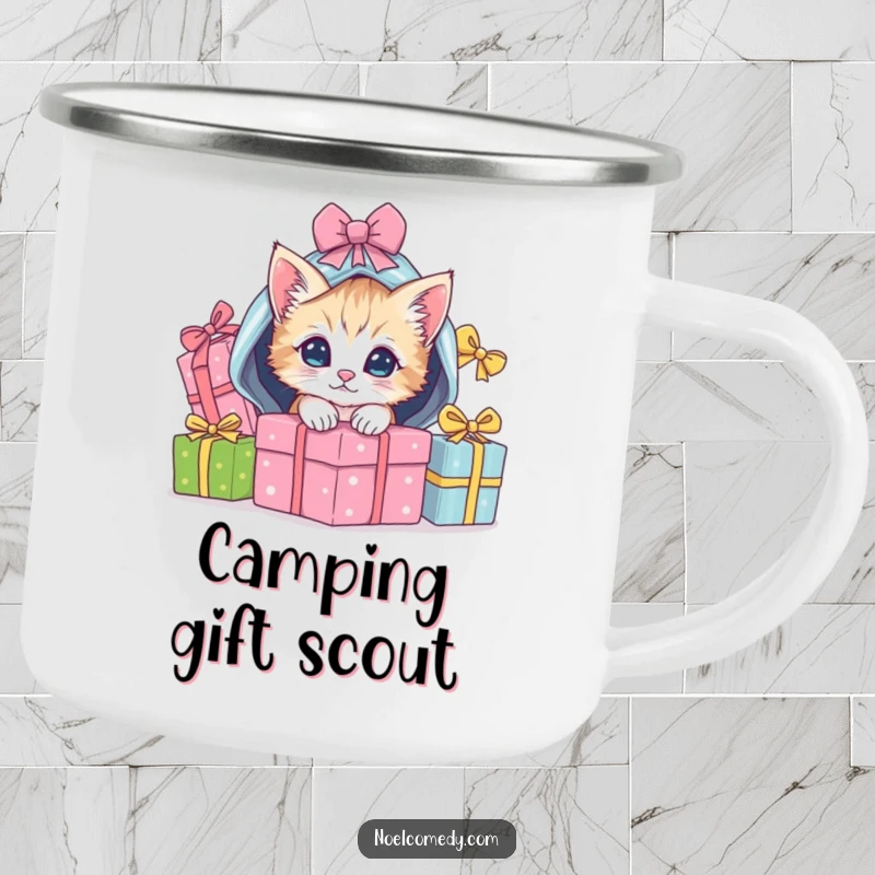 Funny Camping Mug showing a playful kitten peeking from under wrapped Christmas gifts, ideal for outdoor lovers.