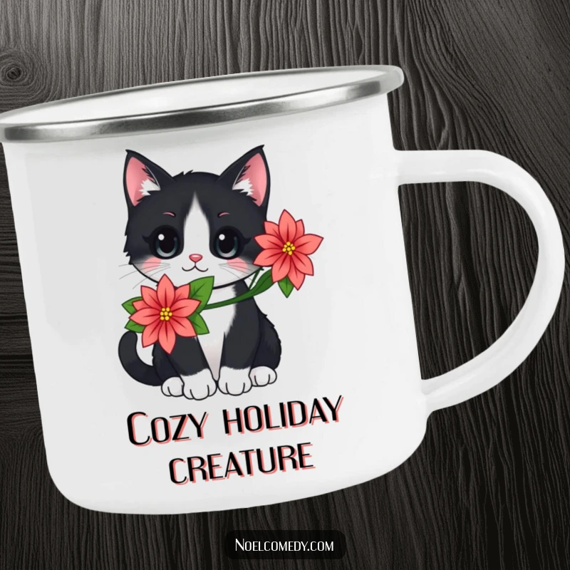 Funny camping mug featuring a black and white cat with a poinsettia, perfect for outdoor enthusiasts during the holidays.