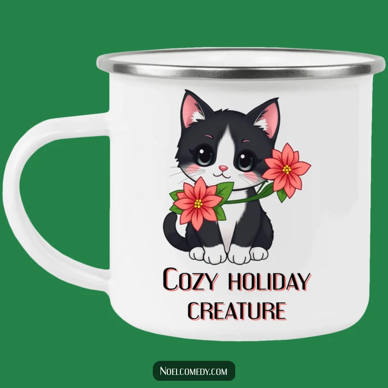 Durable Cat Poinsettia Camping Mug, Festive Outdoor Gift, Holiday Cheer