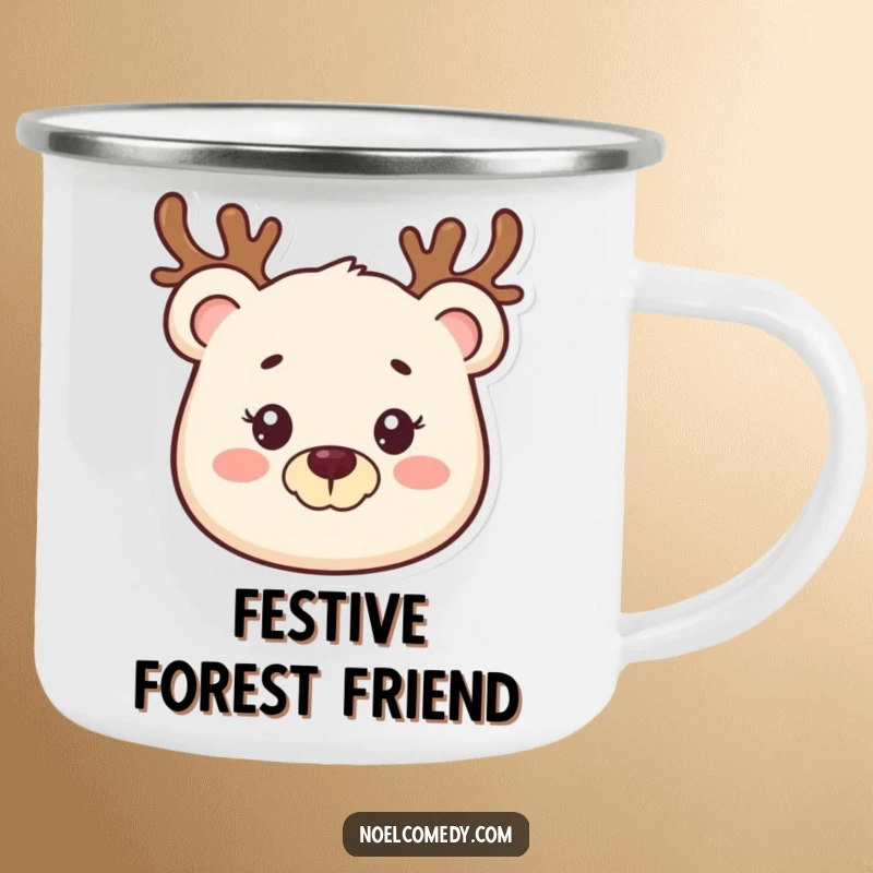 Funny camping mug featuring a smiling bear with a reindeer antler headband, perfect for outdoor enthusiasts during the holidays.