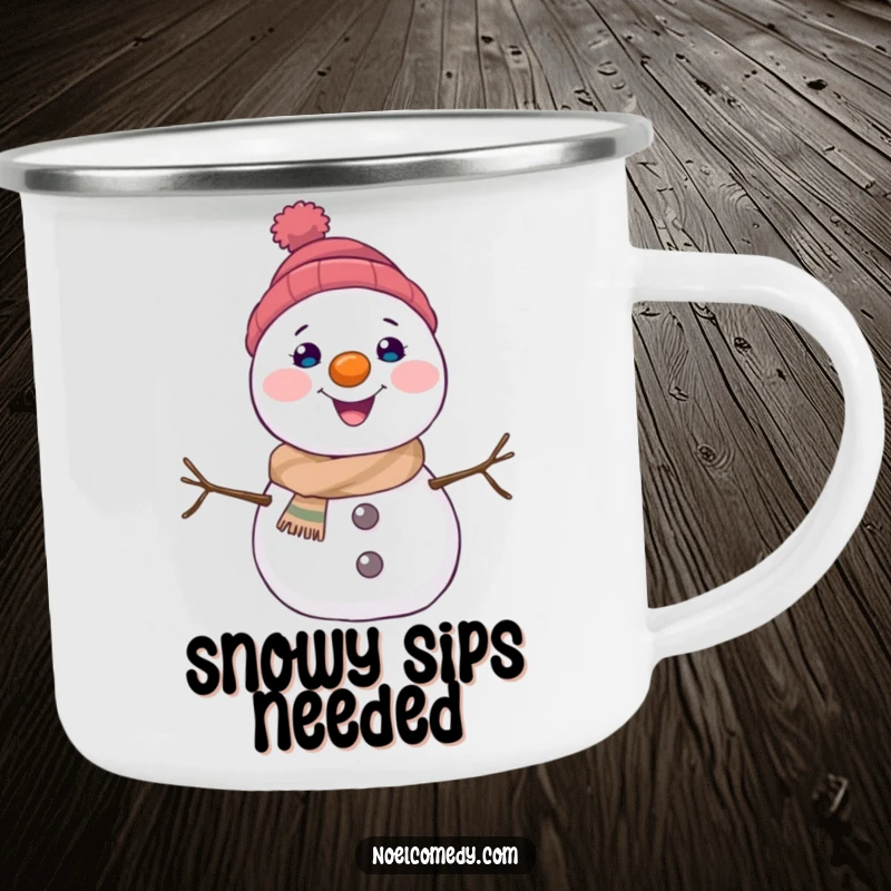 Funny snowman camping mug with a joyful character and carrot nose, built for durable winter outdoor enjoyment.