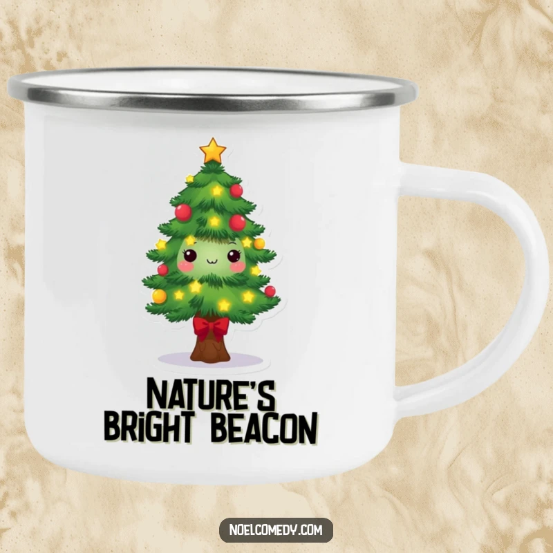 Festive Pine Tree Camping Mug: A smiling pine tree character decorated with lights and stars, perfect for holiday sipping in the great outdoors.