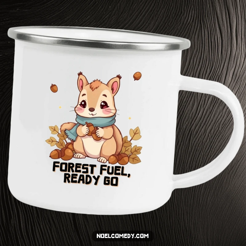 Funny Squirrel Camping Mug: Cute squirrel in scarf collecting acorns, perfect for outdoor brews and cozy campfires.