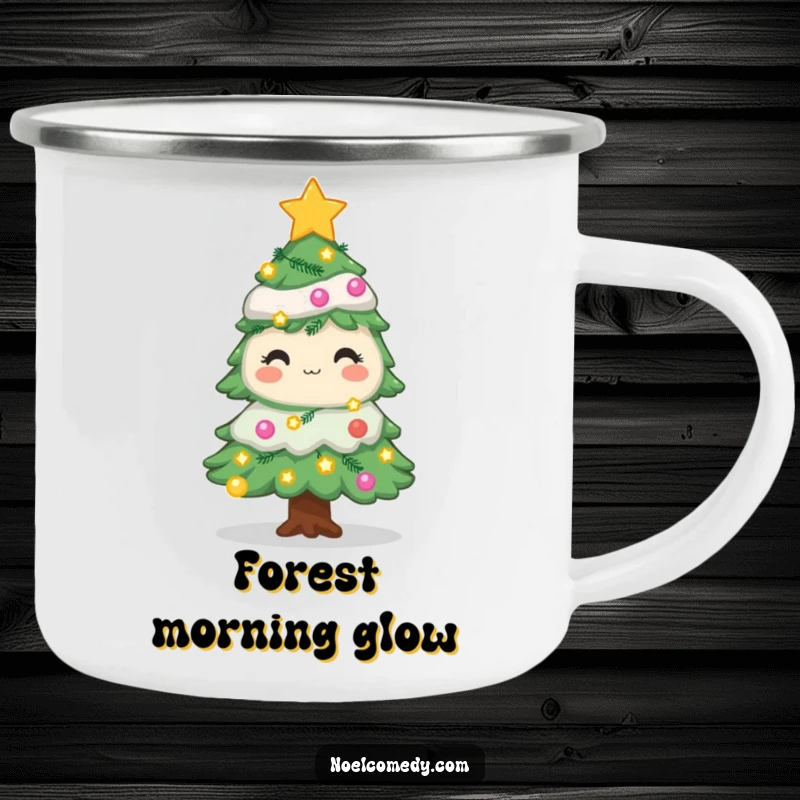 Funny Christmas tree camping mug with twinkling lights and stars, perfect for outdoor holiday celebrations and adventures.