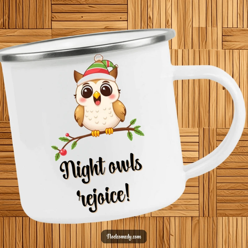 Funny camping mug with a festive owl in a hat on a decorated branch, perfect for holiday trips.