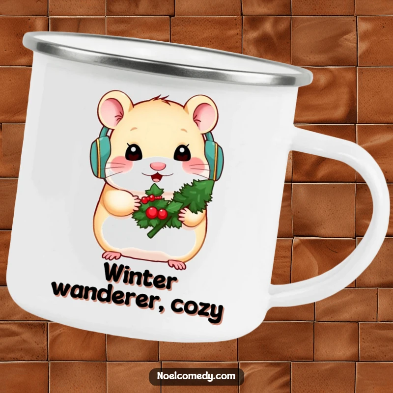 Funny camping mug with a hamster in earmuffs holding a small decorated evergreen, great for winter camping.