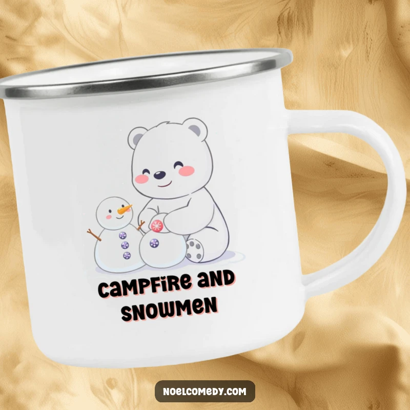 Funny camping mug featuring a happy polar bear building a small snowman with sparkly buttons, ideal for winter camping.