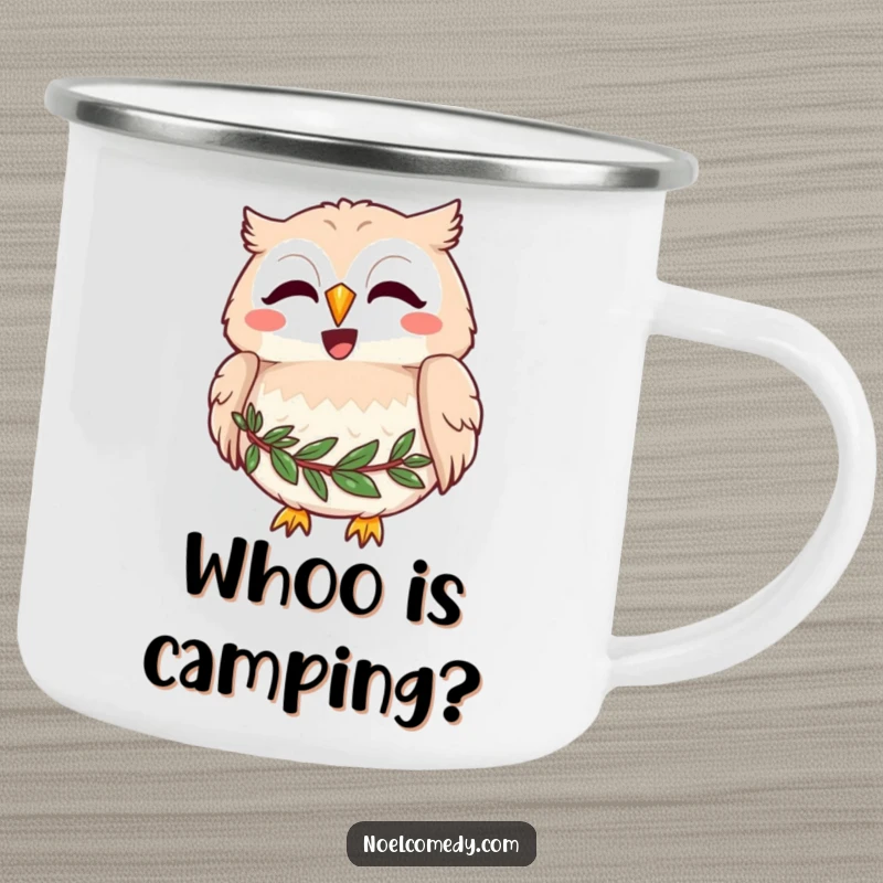 Funny camping mug featuring a joyful owl with a wreath around its neck, hooting merrily, ideal for woodland camping.