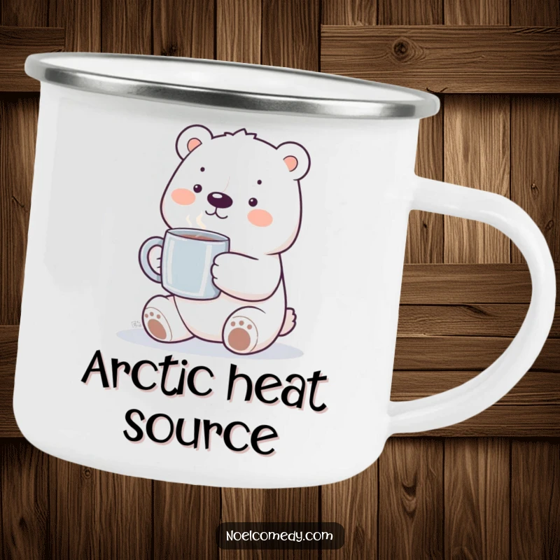 Funny polar bear camping mug featuring a smiling bear holding a steaming mug, perfect for outdoor enjoyment and warm drinks.